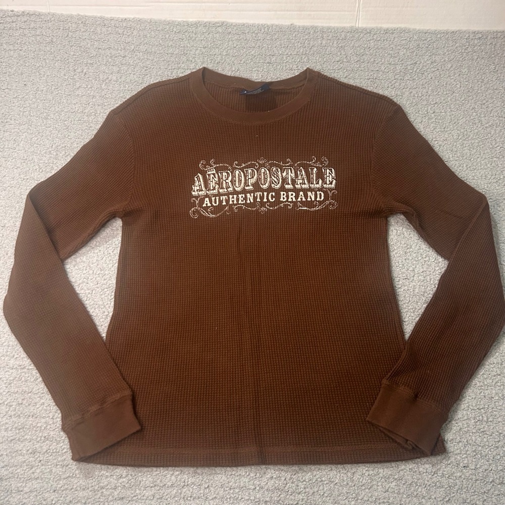 Aeropostale Thermal Shirt Long Sleeve L Brown Y2K Grunge Skater Waffle Knit - Picture 1 of 6